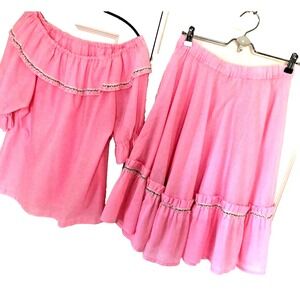 Vintage Womens Square Dance Skirt Set Western Pink Dotted Swiss Rockabilly‎ Sz L
